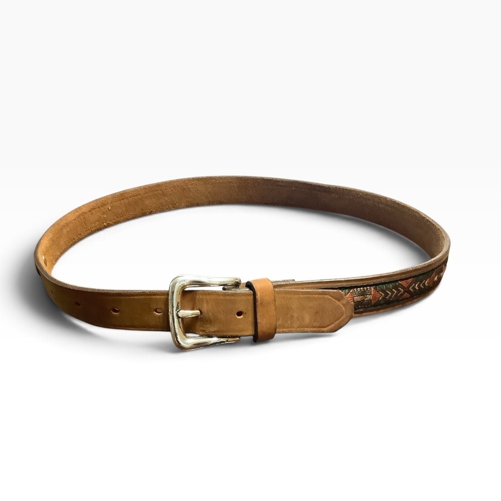 Vintage Brighton Southwestern Leather Belt USA Made Buffalo Nickel Tan 30007